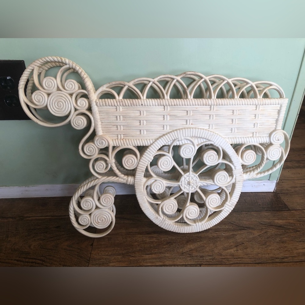 Vtg MCM 1970's Burwood Faux Wicker Wall Hanging or Shelf Planter Flower Cart